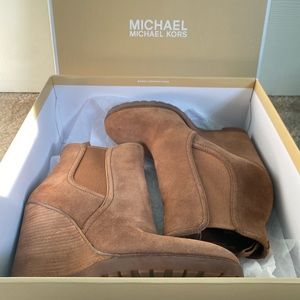 Micheal Kors, suede tan wedged booties.